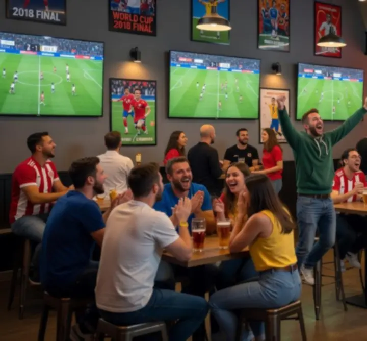 Widok na bar z dużym ekranem podczas transmisji sportowej w DIGITAL ADVANTAGE STUDIOS LLC.